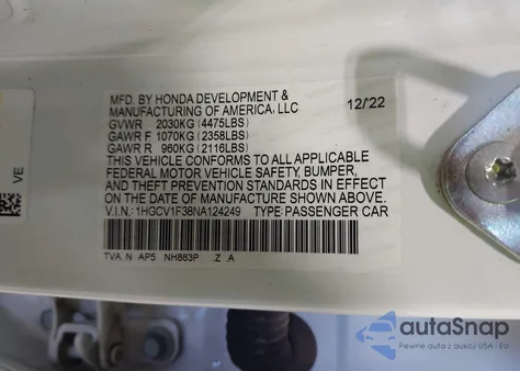 2022 Honda Accord Sport из США, поврежденный, VIN 1HGCV1F38NA124249